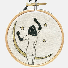 Load image into Gallery viewer, Modern Embroidery, Wall Art, Hoop Art, Rita the Moon and the Stars, inspired by John Willie - VintageMadbyM