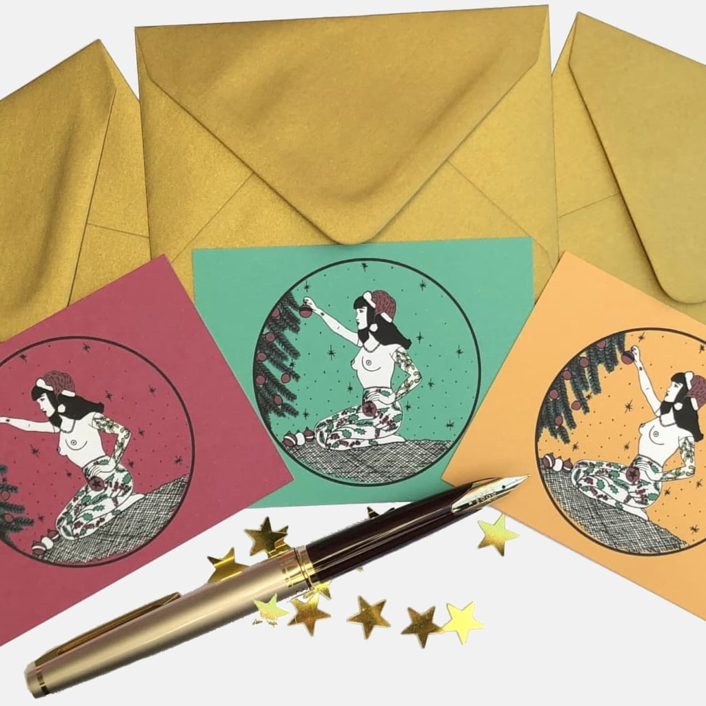Christmas Tattooed Lady Set of 3 Mini Postcards with Metallic Gold Enveloppes - VintageMadbyM