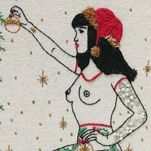 Load image into Gallery viewer, Modern Embroidery, Wall Art, Hoop Art, Winter Tattooed Lady inspired by Betty Page - VintageMadbyM