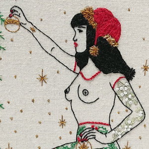 Modern Embroidery, Wall Art, Hoop Art, Winter Tattooed Lady inspired by Betty Page - VintageMadbyM