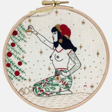 Load image into Gallery viewer, Modern Embroidery, Wall Art, Hoop Art, Winter Tattooed Lady inspired by Betty Page - VintageMadbyM