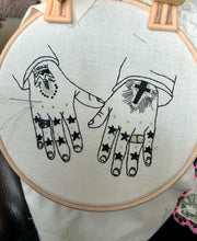 Load image into Gallery viewer, Modern Embroidery, Wall Art, Hoop Art, Tattooed Hands inspired by Mark Lanegan Hands