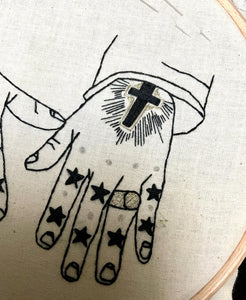 Modern Embroidery, Wall Art, Hoop Art, Tattooed Hands inspired by Mark Lanegan Hands